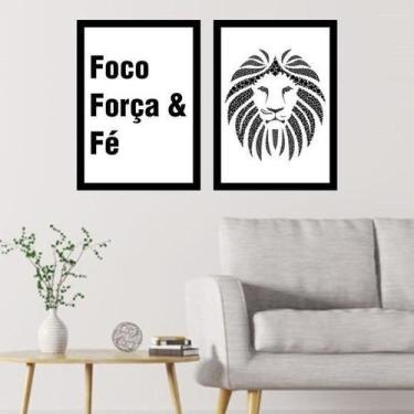 Imagem de Kit 2 Quadros Foco, Força E Fé - Leão 33X24Cm Moldura Preta - Quadros 