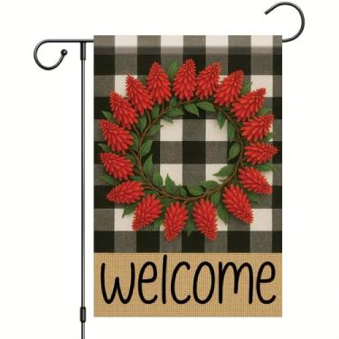 Imagem de Starlit Patio Bandeiras de jardim de boas-vindas primavera verão para fora 12x18 guirlanda xadrez búfalo dupla face flor pinha vermelha sinal sazonal pequena bandeira fazenda férias decoração ao ar
