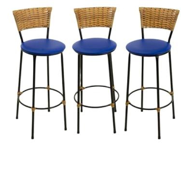 Imagem de kit 3 banquetas alta fibra sintética junco vime cozinha moderna área gourmet(3.bq.alta.imbuia/azul)