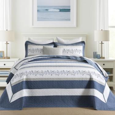 Imagem de Quilta Colcha de cama 100% algodão GG Califórnia King Size - 325 x 304 cm, colcha listrada azul com estampa botânica, edredom leve e macio, 3 peças, azul/creme/branco