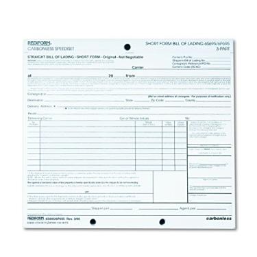 Imagem de Rediform Bill of Lading, formato curto, 21,5 x 17,7 cm, três partes, 50 conjuntos/pacote com 50 formas soltas