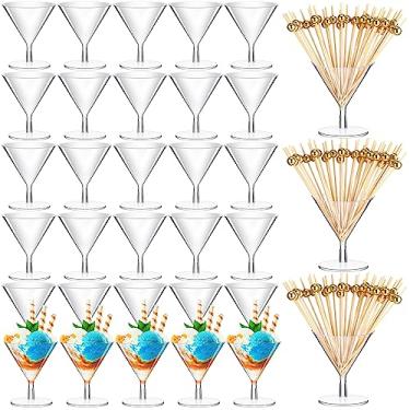 Imagem de Conjunto de copos de martini de plástico transparente e palitos de coquetel de pérolas douradas copos de coquetel copos de plástico para martini mini copos de sobremesa transparentes para festas de casamento, vinho, aperitivos, comida (100 peças, 60 g)