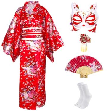 Imagem de CRFASIBE Quimono japonês para mulheres, fantasia de gueixa, vestido asiático, anime, quimono, quimono, máscara, leque de mão, meias 5 peças (vermelho)