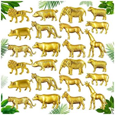 Imagem de 48 peças de estatuetas de animais de plástico dourado, figuras de animais safári de ouro com animais da selva, elefante leão, decoração de animais selvagens, mini figuras de animais de safári,