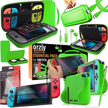 Imagem de Pacote de acessórios para interruptor Orzly – Inclui estojo de transporte Orzly para console Nintendo Switch, protetores de tela de vidro temperado, cabo de carregamento USB, capa para interruptores de jogos, capa de aderência confortável e fones de ouvido, Verde