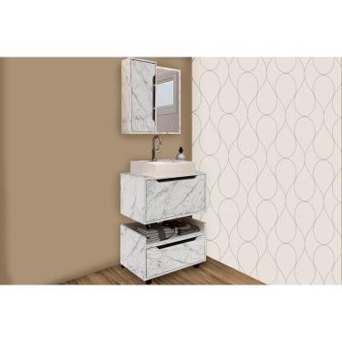 Imagem de Bancada de Banheiro Balcão Suspenso BN3646 e Balcão c/ Rodízios BN3647 60cm e Armário c/ Espelho BN3648 60cm Mármore Branco - Tecno Mobili