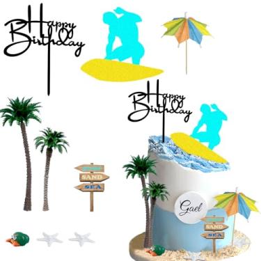 Imagem de Surf Cake Topper Surfboard Birthday Decoration with Surf Surfer Coconut Trees Sun Umbrellas Starfish Set for Surf Themed Birthday Party