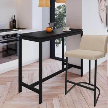 Imagem de Banqueta Com Encosto Noah Luxo Confort Bistrô Cozinha Ferro Preto Corino Bege - Amey Decor