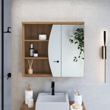 Imagem de Armário Espelheira Para Banheiro Laura Com 1 Porta E 2 Prateleiras Mel