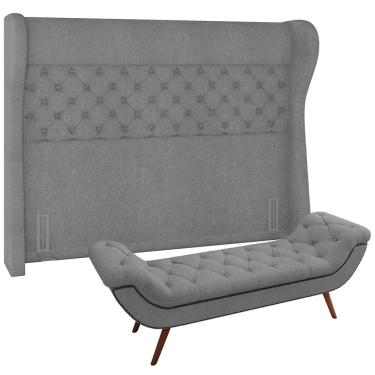 Imagem de Kit Cabeceira Cama Box Casal 195cm Madrid Com Puff Recamier Santorini Bouclê Cinza