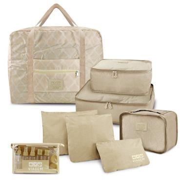 Imagem de Kit Organizador De Malas 6 Peças + Bolsa Dobrável + Frascos De Viagem 10 Peças Bege
