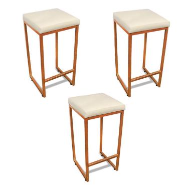 Imagem de Kit 3 Banquetas Alta Industrial Nick Bronze Metal Assento Couro Sintético 70 Cm Branco D'Rossi