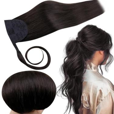 Imagem de RUNATURE Extensão De Rabo Cavalo Cabelo Humano, Extensões Pretas, Natural, Liso E Macio Para Mulheres, Aplique Comprimento Adicional 12" 70G #1B