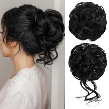 Imagem de CJL HAIR 2 Peças De Cabelo Bagunçado, Coque Ondulado, Cacheado, Sintético, Coque, Scrunchies Falsos, Rabo Cavalo, Extensão Para Mulheres, Preto