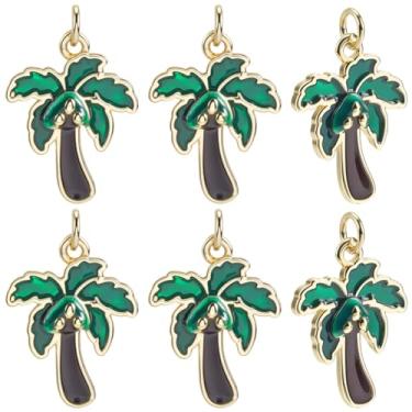 Imagem de Beebeecraft 1 caixa, 8 peças, pingentes de coqueiro, esmaltado, banhado a ouro 18K, palmeira verde, planta tropical, pingente de praia de verão para fazer joias, colar, artesanato faça você mesmo