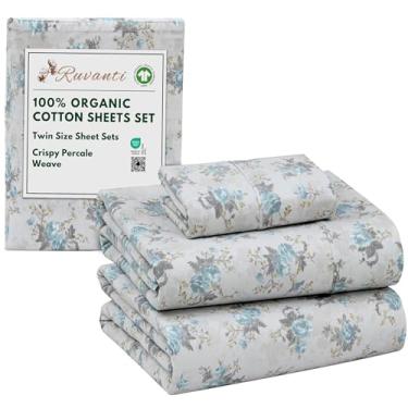 Imagem de RUVANTI Lençóis de solteiro 100% algodão orgânico, tecido percal, certificado GOTS, conjunto de 3 peças, bolso profundo de 38 cm, nítido e respirável, roupa de cama macia e durável, Sábanas Algodón