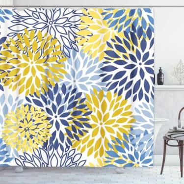Imagem de Cortina de chuveiro TOMPOP verde primavera flor azul amarelo e azul marinho crisântemo marrom tecido de poliéster à prova d'água 60 x 72 polegadas conjunto com ganchos, Chrysanthemum, 72"W x 78"L, 1