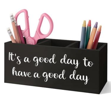 Imagem de VIIJJUE Porta-lápis de madeira It's a Good Day to Have a Good Day, decoração de mesa inspiradora, presentes motivacionais para mulheres e homens, organizador de escova de dentes de madeira positiva