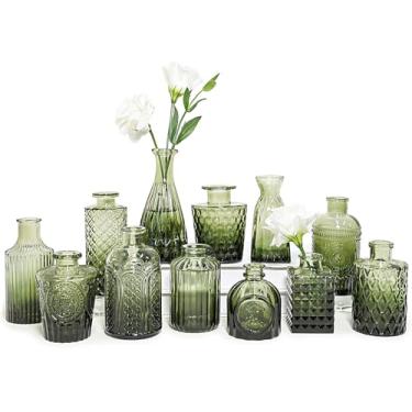 Imagem de SUPMIND Conjunto de vasos de vidro com 12 peças, pequenos vasos de flores verdes para centros de mesa a granel, mini vaso vintage para casamento, casa, decoração de mesa