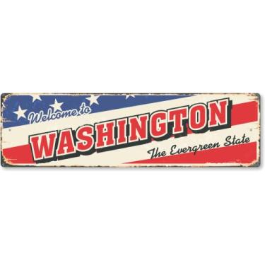 Imagem de SmartSign Placa de metal vintage Welcome to Washington State de 10 x 35,5 cm "O Estado Evergreen", alumínio à prova de ferrugem de 40 mil com sobretudo transparente, decoração de parede retrô, multicolorido