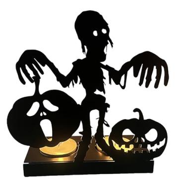Imagem de Castiçal de metal de Halloween - Decoração de mesa de abóbora gótica, castiçal de silhueta de abóbora zumbi para casa, decorações de festa, centro de mesa de Halloween, castiçais tealight para quarto