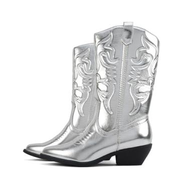 Imagem de Soda "Rodeo" ~ Botas caubói femininas de cano alto com detalhes costurados, bico fino e salto baixo, C - prata Met, 34