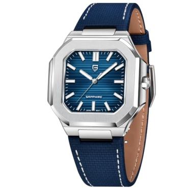 Imagem de Relógio octogonal Pagani Design com vidro de safira, caixa prateada, pulseira de couro azul marinho, 37 mm, movimento japonês TMI VH31, Azul marinho, Luxuoso