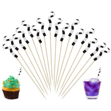 Imagem de Chengu 200 palitos de coquetel de verme da areia de Halloween 14 cm para aperitivos, espetos de bambu para coquetéis para bebidas design de cauda de cobra listrado preto e branco para decoração de