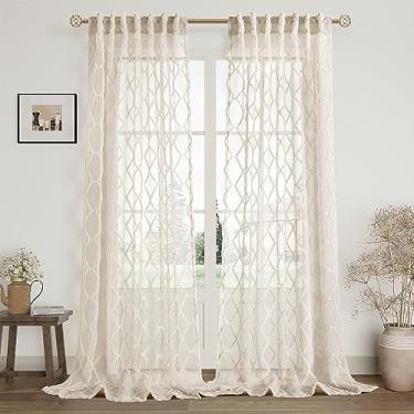 Imagem de Cortinas translúcidas bege 306 cm de comprimento para sala de estar, aba traseira, semitransparente, geométrica, bordada, tufo, pompom, texturizado, extra longo, cortinas curtianas, tom terra, casa de