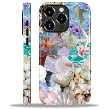 Imagem de MQJCYB Capa para iPhone 15 Pro, híbrida, resistente, 2 em 1, resistente à prova de choque, proteção brilhante, capa para iPhone 15 Pro - Conchas do oceano, estrela-do-mar, pérolas, flores