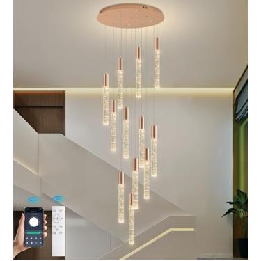 Imagem de Upfelw Lustre De Cristal Moderno Teto Alto Com 12 Luzes, Grande Espiral Dourada, Pendente Led Em Formato Gota Chuva, Escada Bolha, Luminária Suspensa Para Sala Estar Controle Remoto