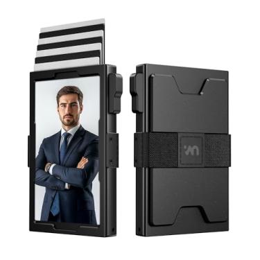 Imagem de Carteira masculina fina com porta-cartões minimalista com bloqueio de RFID, carteira pop-up de metal com faixa para dinheiro, Preto, ID
