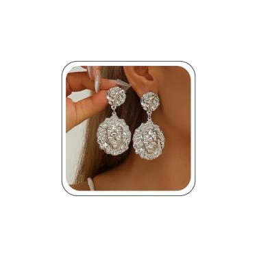 Imagem de Sttiafay Brincos pendentes de cabeça de leão, ouro, grande, moeda, disco, texturizado, retrato, cabeça de lombo, brinco de disco redondo martelado, joia de personalidade para mulheres, Zinco, Sem