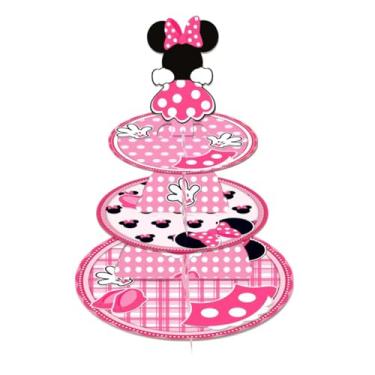 Imagem de Artigos e decorações de festa com tema Minnie, um suporte de cupcake de três camadas, um suporte de exibição para sobremesas e bolos de aniversário, adequado para decorações de aniversário de estilo