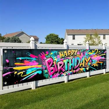 Imagem de BlissYard Banner de fundo de feliz aniversário, decoração de festa, suprimentos de pintura de grafite colorido, salpicos de néon, design divertido, 295 x 50 cm, para festa de aniversário, celebração