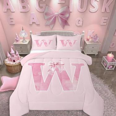Imagem de Erosebridal Jogo de cama casal com laço rosa com inicial, conjunto de edredom com monograma, letra inicial W, presentes de aniversário, colcha para ela, decoração de quarto feminino exclusivo para
