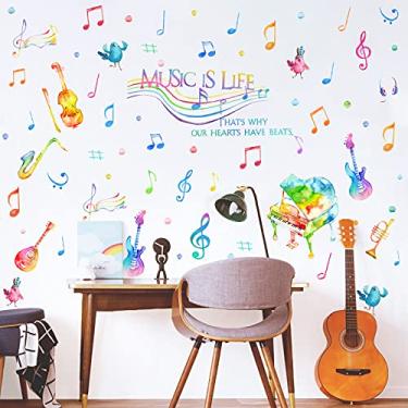 Imagem de Yovkky Adesivos de parede Aquarela Music is Life, Adesivo de decalque de parede removível para instrumento musical nota de bolinhas decoração de berçário, saxofone de piano para estúdio em casa, decoração de guitarra para quarto de criança, sala de jogos, presente de arte