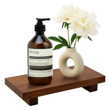 Imagem de Pedestal de madeira de acácia, pequena bandeja de banheiro de fazenda, suporte de dispensador de saboneteira de mão de madeira rústica para balcão de pia de cozinha, bandeja decorativa moderna