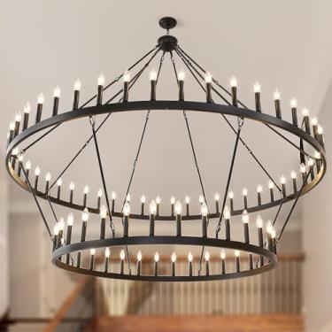 Imagem de VBKK Lustre de roda de vagão preto de 2 andares de 203 cm, iluminação extra grande de camada dupla de 80 luzes, candelabro de ferro redondo industrial para tetos altos, sala de jantar, entrada, E12