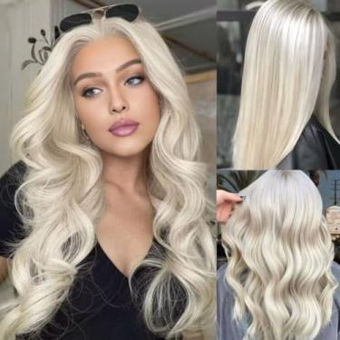 Imagem de Mscathy Perucas de cabelo humano loiro platinado ondulado frontal 33 x 10 sem cola UHD transparente frente de renda respirável pré-cortado pré-cortado densidade 180% com cabelo de bebê para mulheres