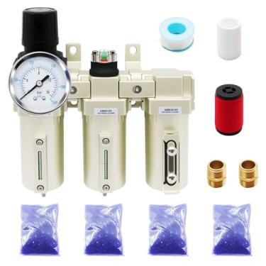 Imagem de Jecoupoon Filtro de sistema de secagem a gás NPT de grau industrial de 3 estágios de 1/5.1 cm e 3/10.2 cm, filtro coalescente, secador dessecante, drenagem automática, compatível com spray de tinta,