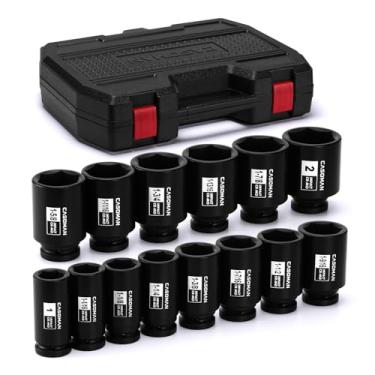 Imagem de CASOMAN 14 peças, conjunto de soquetes de impacto de porca de eixo profundo de 3/10.2 cm, 6 pontos, CR-MO, 2.5 cm a 5.1 cm, SAE, conjunto de soquetes grandes, uso pesado na remoção e instalação de