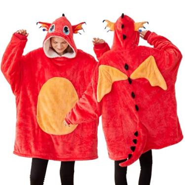Imagem de Laahoem Unisex Dragon Hoodie Men and Women Oversize Animal Pajamas Flannel Pullover Costume Soft Cozy Warm Adult Wearable Blanket Hooded You Red