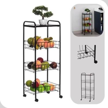 Imagem de Fruteira Chão 3 Cestos Andares Metal Rodinhas Cozinha Preta - Metaltru