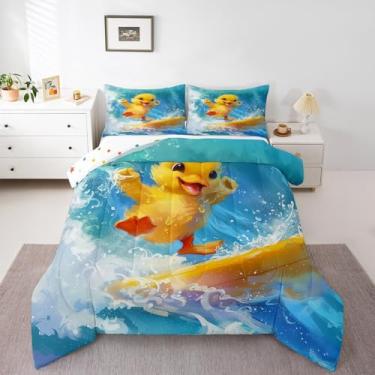 Imagem de Erosebridal Jogo de cama queen com pato surfista, prancha de surfe, surfe, pato fofo, para crianças, meninas, meninos, praia, litoral, oceano, quarto, decoração, 2 fronhas para todas as estações