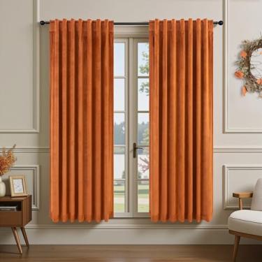 Imagem de Cortinas de veludo laranja queimado 182 cm de comprimento, 2 painéis para sala de jantar, cortinas plissadas com isolamento térmico para o verão, bloco de calor, inverno, ferrugem, terracota, drapeado