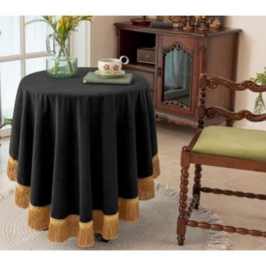 Imagem de F-CHU Toalha de mesa preta grossa de veludo com lindas borlas douradas, toalha de mesa vintage para decoração de casa, casamento, festa, banquete e eventos, redonda de 178 cm