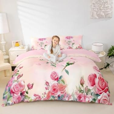 Imagem de Conjunto de capa de edredom feminino rosa rosa, tamanho solteiro, 2 peças respiráveis com flores de jardim (1 capa de edredom + 1 fronha), conjunto de capa de edredom com estampa floral em aquarela