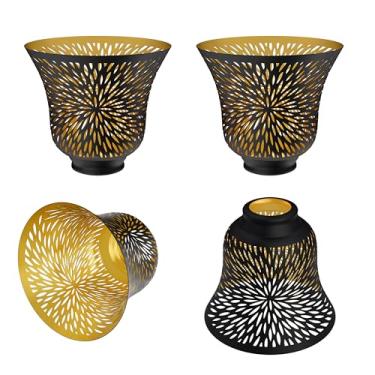 Imagem de SWAIFDEE Sombras de globo de luz de substituição para ventilador de teto, pacote com 4 persianas de metal preto e dourado com padrão de crisântemo, ajuste de 5,8 cm, 15 cm de diâmetro, 13 cm de altura