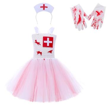 Imagem de Shaopaushow Zombie Nurse Costume for Girls Bloody Undead Nurse Halloween Cosplay Tutu Dress Outfit with Headband (White, 11-12 Years)